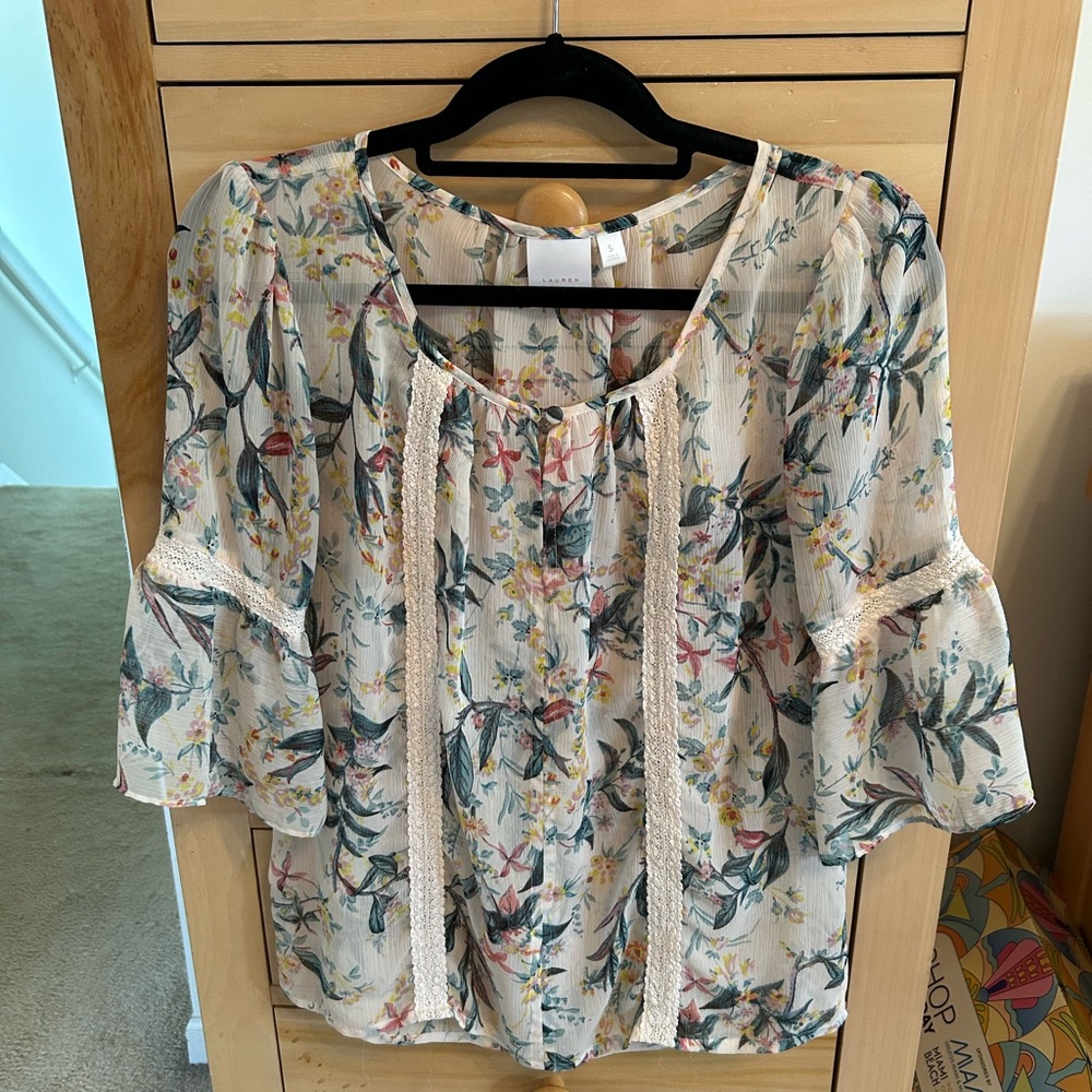 LC Lauren Conrad Floral Blouse with Lace Trim